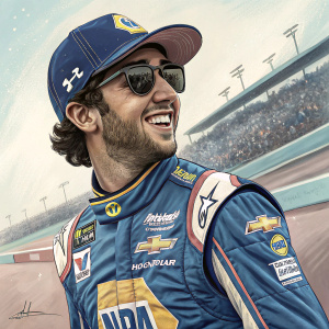 Chase Elliott, driver, at NASCAR event. Wearing blue race suit, cap with Under Armour logo, sunglasses, smiling