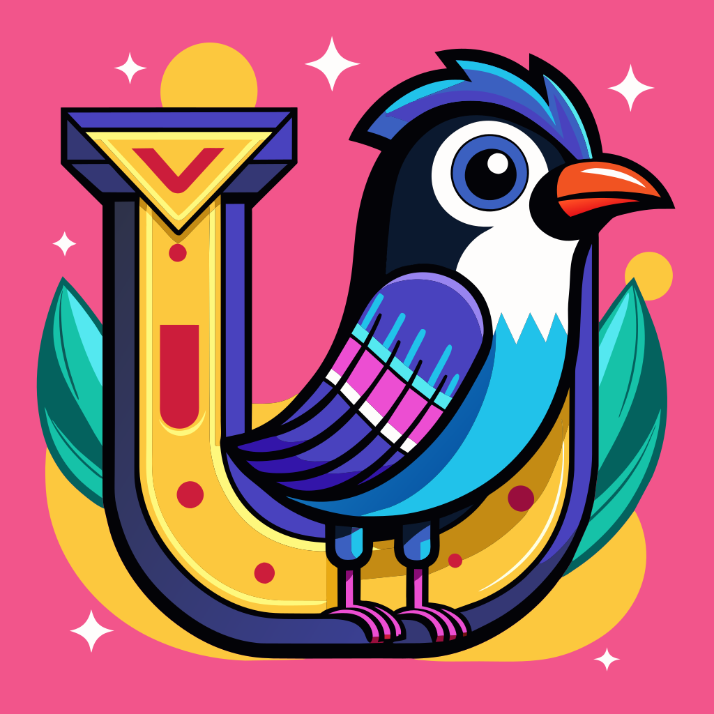 a letter "U" with colors and a magpie for kids, vector cartoon style for kids black thick outlines