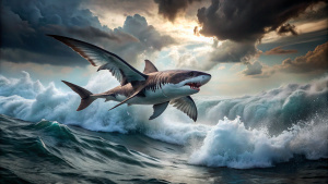 Flying shark with large wings flying over the waves of stormy sea, storm clouds, aesthetic, natural, hyper-realism, detailing