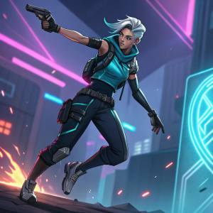 Jett, Valorant character, in an energetic pose. Futuristic background with neon lights and abstract shapes. High contrast colors, sleek design.