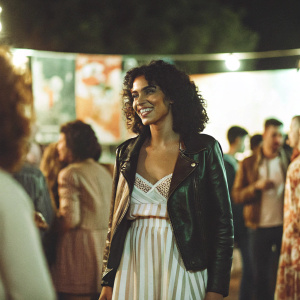 Alexandra Shipp at a bustling film festival, wearing a chic black leather jacket and a lace-trimmed striped dress. She beams with a radiant smile amidst the dimly lit, crowded venue.