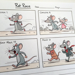 Storyboard for animated movie 'Rat Race'. Multiple scenes of cartoon rats in a race, hand-drawn sketches with detailed expressions and actions, pencil on white paper