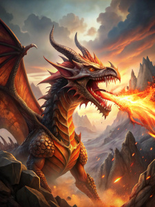 dragón de fuego FURIOSO, echando fuego por la boca,  FONDO FANTASTICO
