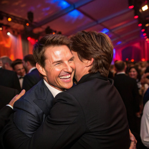 Tom Cruise at a crowded indoor gala. Hugging a friend, big smile. Multiple people in the background.