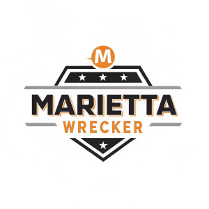 Sophisticated logo for Marietta Wrecker. Modern design featuring bold 'Marietta Wrecker' text in black and orange. Majestic 'M' logo in cutting-edge font above the company name. Logo stands out against white background.