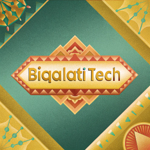 Biqalati Tech logo, vibrant and dynamic, featuring intricate patterns and Arabic script.