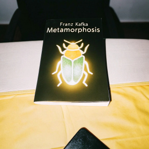 Book cover illustration of Franz Kafka's 'Metamorphosis' featuring a bug-like figure in a surreal, glowing green and gold light. Black backdrop. Title 'Metamorphosis' prominently displayed. Artwork evokes themes of change and the unknown.