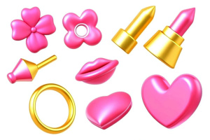 3d plastic collection of elements for Valentine's day, heart, calendar, letter, lipstick, cherry, ring, flower