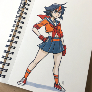 Digital illustration of Ryuko Matoi from 'Kill La Kill'. Sketchbook style with bold lines and limited color palette. Standing with determined expression. Orange and blue color theme. White background