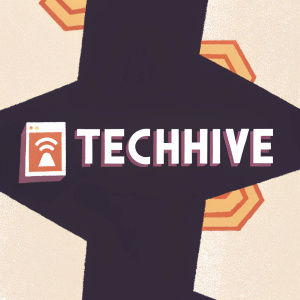 Logo for TechHive. Modern abstract iconography with bold, clean sans-serif font. Predominantly black with vibrant orange accents.