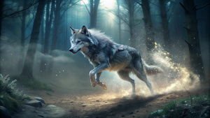 A gray wolf running at top speed through the forest, leaving a trail of dust and dirt behind him because of his immense speed