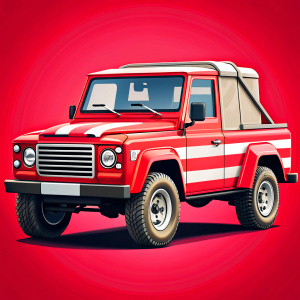 A red land rover Defender 90 pickup truck with white stripes on the hood