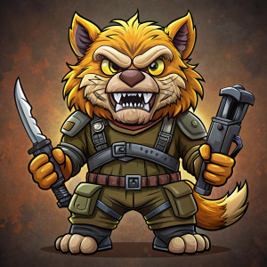 vector style cartoon sabertooth wearing tactical gear holding knife, long ears, big fangs