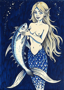 sirena rubia, de cola azul, con un atún sin fondo