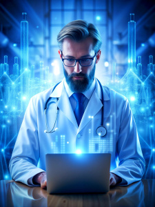  Medical technology, innovation health and medical research, healthcare and medicine concept. Doctor or technician working with AI data analysis, lab experiment, data science