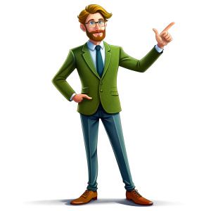 40 years old male teacher in suit, as a drawing for a cartoon, on a white background, whole body he points with his hands