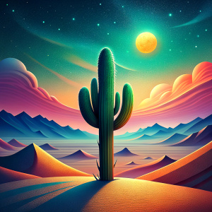 trippy Single cactus alone on desert