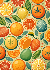 minimalist graphic pattern of fruits, using simple shapes, Modern Ukiyo-e style woodcut, maximise the negative space, vivid pastels