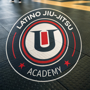 Logo for Latino Jiu-Jitsu Academy. Circular emblem with central U-shape design. Background is a textured gym floor.