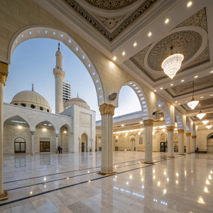 A serene mosque interior in Amman, Jordan. Soft lighting from recessed ceiling fixtures illuminates the spacious open-plan layout. Polished marble floor, white stone arches, and columns create a tranquil atmosphere. Muted color palette featuring whites and pastel tones.