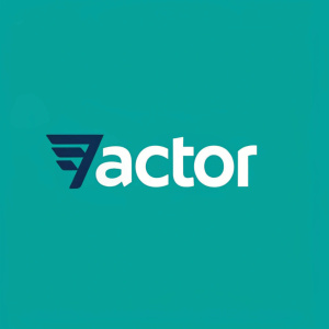 Modern logo design for Factor. Stylized 'F' symbol in clear sans-serif font. Vibrant teal background, dark logo centrally positioned.