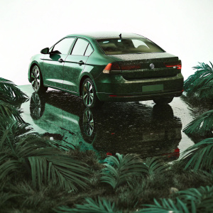 Sleek Volkswagen Voyage model. Distinctive taillights gleam. Advertorial shot on a glossy white backdrop.