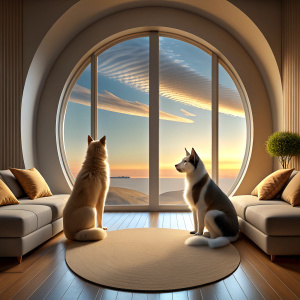 A Cat and a large husky Dog are watching the view from the window in a large, spacious room of a 3D house.