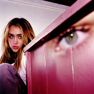 Close-up of Miley Cyrus, vibrant eyes, long blonde hair, casual attire, against white backdrop.