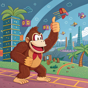 Illustration featuring Donkey Kong giving a thumbs up in a vibrant video game universe.