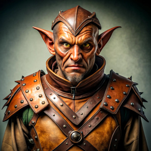 male dungeons and dragons 5e hobgoblin in leather armour in the style of ron spencer