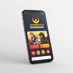 Overwatch Soundboard app interface on smartphone. Vibrant, bold fonts for quotes. Minimalist gray background.