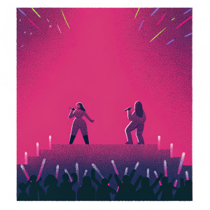 Charli XCX and Cupcakke performing a high-energy concert on a brightly lit stage. Fans waving glow sticks in the background.