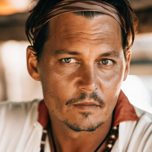 Close-up portrait of Johnny Depp. Piercing gaze. Dark hair and stubble.