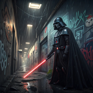 Darth Vader, wearing iconic black suit, holding ominous red lightsaber. Dark alleyway with graffiti, rainy night