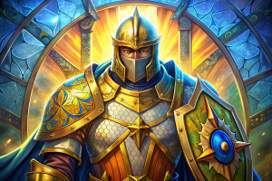 Stained glass portrait of a strong paladin. wearing a full helmet and an armor. Protected by a large shield. Gold, blue and white colors. Concealed face. Waist up.