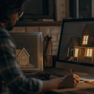 A person sitting at a computer designs houses makes drawings and from these drawings a house in 3 d appears