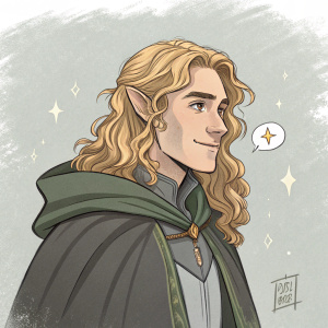 Digital illustration of a male elf character with long, curly blonde hair, friendly expression, and high-collared cloak with gray and green tones. Set against a muted, textured gray background, featuring a small speech bubble with light effect. Artist's signature included.