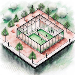 Generame un isometrico arquitectonico esquematico de una estrategia de varios modulos para un museo en la que toda la circulacion se vea rodeada por mucha vegetacion y personas y no hayan vehiculos 