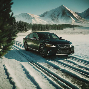 Sleek black Lexus LS parked on a snowy plain. Majestic snowy peaks and clear blue skies in the backdrop.