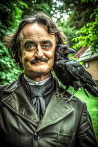 edgar allan poe with a raven on his shoulder, smiling portrait, aesthetic, realistic height, realistic body proportions
