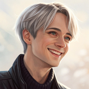 Close-up portrait of Viktor Nikiforov from Yuri on Ice. Warm smile, light background.