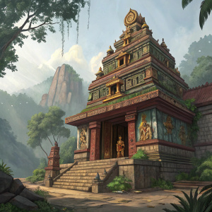 Illustration of the Shambala temple from Uncharted 2. Vibrant colors and intricate details