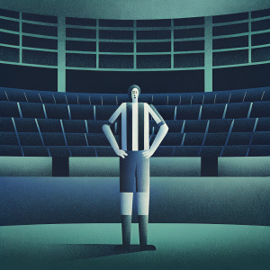 Giorgio Chiellini, standing still in the locker room, wearing a Juventus jersey and shorts. The background is the empty stadium stands.