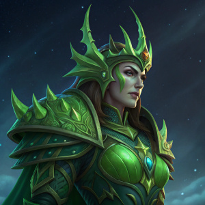 Lagnaha The Smamp Queen, a mythical figure from the world of Heroes of the Storm. Adorned in vibrant green, thorny armor. Dark, starry night background.
