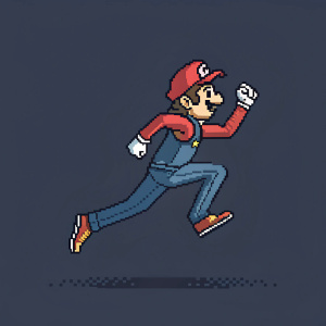 Pixel art figure inspired by classic video game aesthetics. Dark background, character in mid-jump pose.