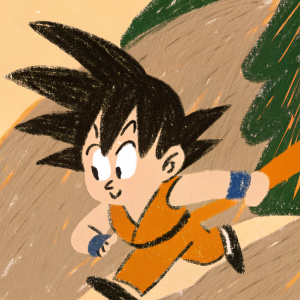 Goku from Dragonball series in a dynamic running pose. Sketch on white paper.