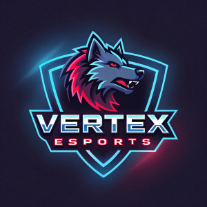 Digital artwork showcasing the Vertex Esports logo. A stylized, fierce wolf-like mascot with neon blue and red accents. Futuristic design on dark background.