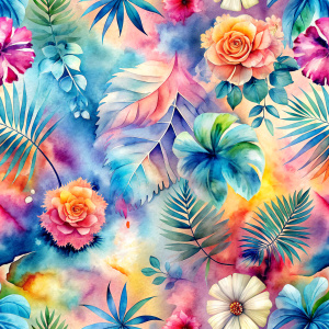 Pattern Seamless, Vintage Old, Soft Colors, abstract Tie Dye, Rainbow, Tropical Flowers Plants