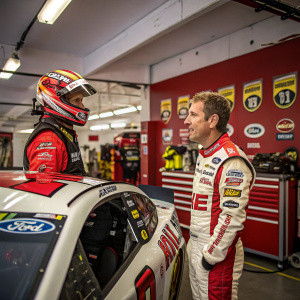 Clint Bowyer and Greg Biffle in racing gear, engaged in conversation inside a NASCAR garage. Sponsor logos visible on equipment and walls.