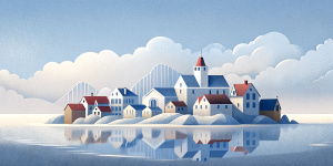 White illustration, Rene magritte style, isolated surrealistic collage of a lot of old Swedish houses and trees on island, huge ocean and big sky, light pastel colors, asymmetrical composition, zoom out view, grainy texturing paper